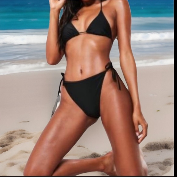 Black Triangle Bikini Top & Bottoms Tie On Sides 2Pc Swimsuit Limited Edition - Picture 1 of 6